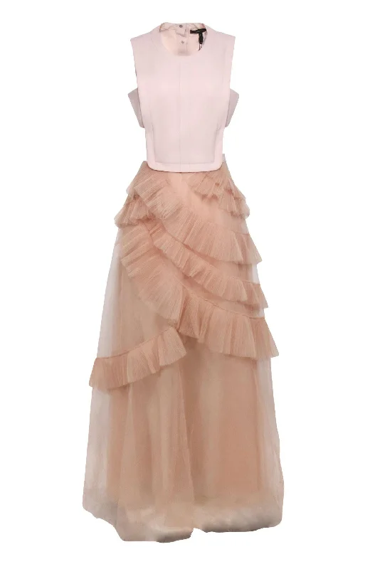 BCBG Max Azria - Blush Sleeveless Cutout "Avalon" Gown w/ Ruffled Tulle Skirt Sz 10 wool skirt warm
