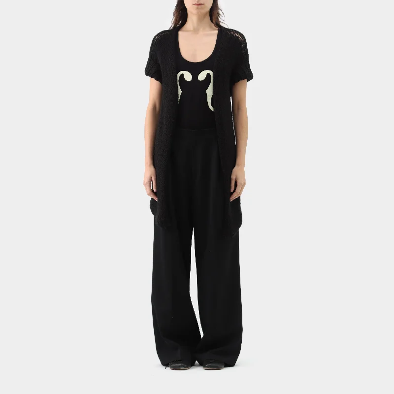 Yohji Yamamoto Long Open Knit Cardigan Patchwork Embroidered Appliqued