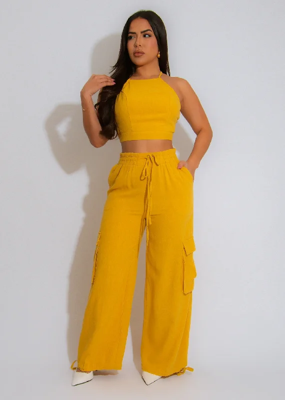 Urban Flair Cargo Linen Pant Set Yellow Elegant Palazzo Trousers