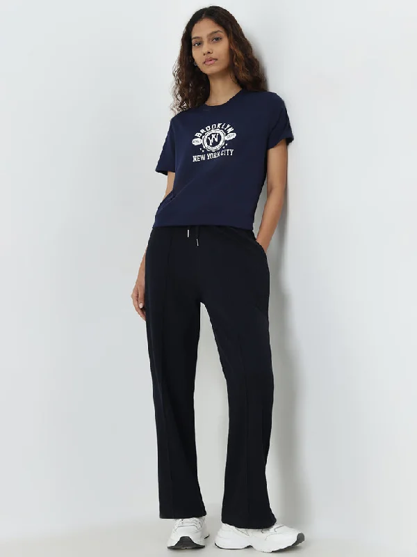 Studiofit Navy Textured High-Rise Track Pants Elegant High-Waist Pants