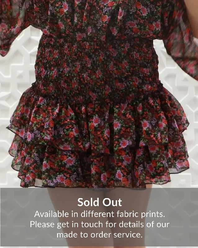 Floral print ruffled mini skirt leather skirt bold