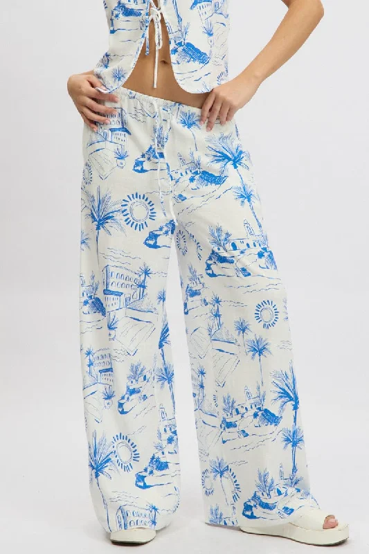 Blue Abstract Wide Leg Pants High Rise High-Waist Jeans