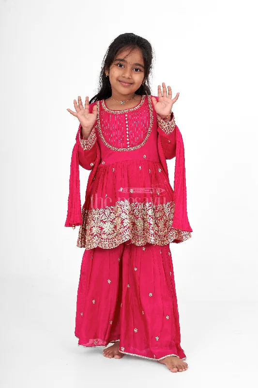 Magenta Sharara Set for Girls with Embroidered Long Tunic and Pleated Pants Casual Yoga Pants