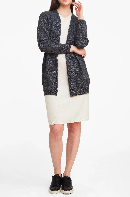 Effortlessly Chic Open Cardigan - Charcoal Denim Fabric Leather Fabric Suede Fabric