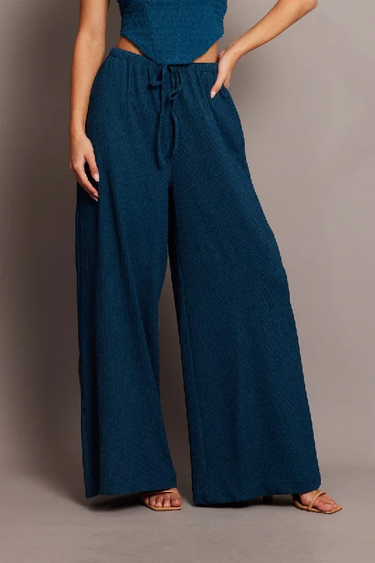 Blue Wide Leg Pants High Rise Textured Fabric Chic Checkered Pants