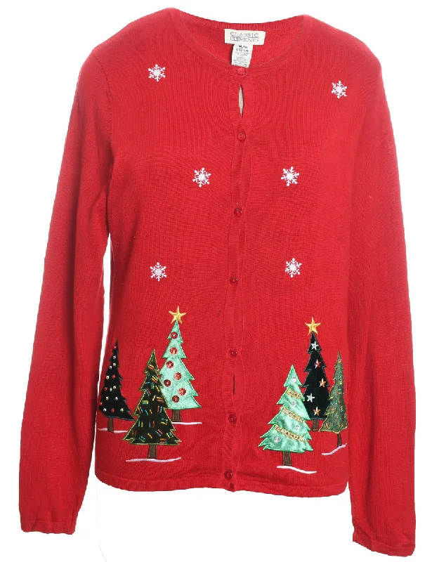 Christmas Tree Design Cardigan - M Handmade Hand-knitted Hand-woven