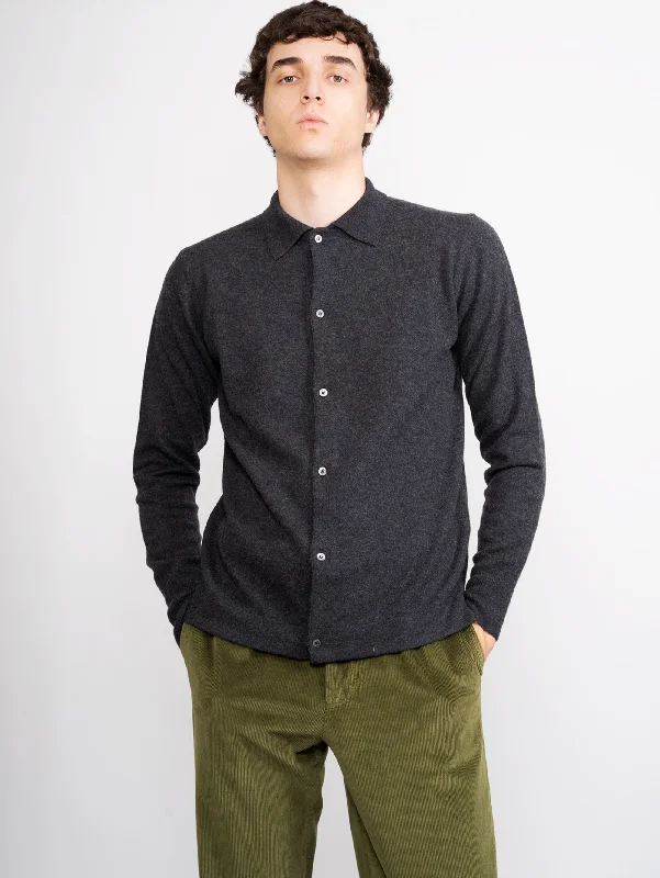 Cardigan con Colletto a Polo Grigio Mesh Blend Leather Blend Suede Blend