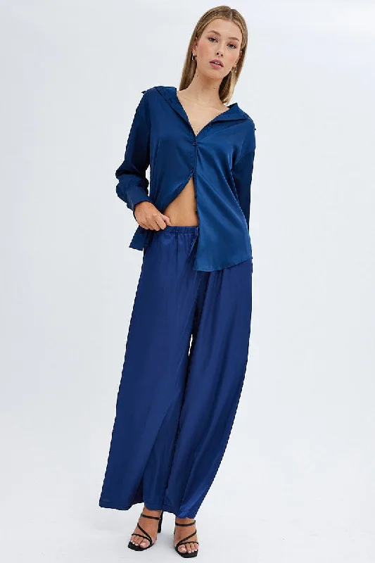 Blue Wide Leg Pants High Rise Fashionable Button-Up Pants