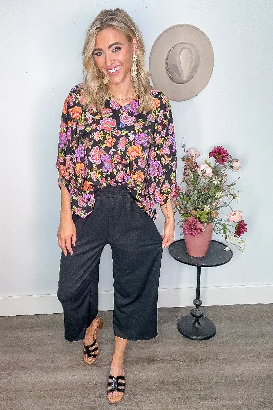 Black Casual Crepe Texture Crop Pants Comfy Cargo Trousers