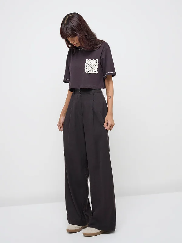 Bombay Paisley Black High-Rise Cotton-Blend Pants Trendy Palazzo Pants