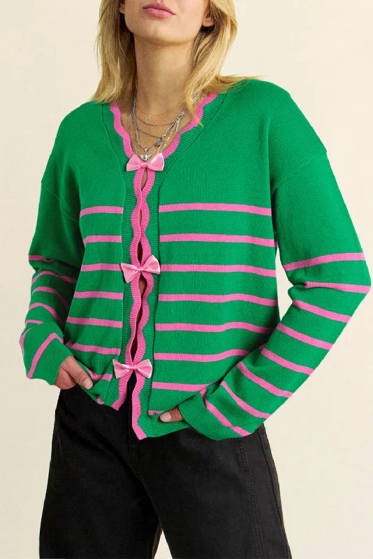 Clara Bow Striped V-Neck Long Sleeve Cardigan Seamless Knitted Crochet