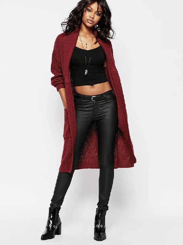 Chunky Knit Long Line Cardigan Welt Pockets Slit Pockets Flap Pockets