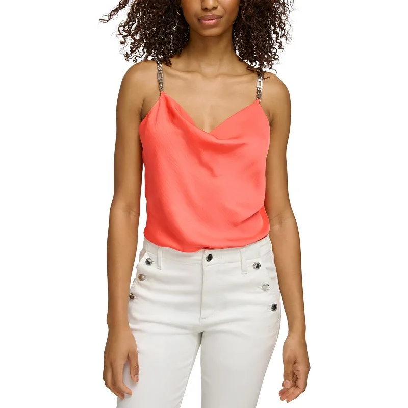 Karl Lagerfeld Paris Womens Cowl Neck Embellished Straps Tank Top low neck tank