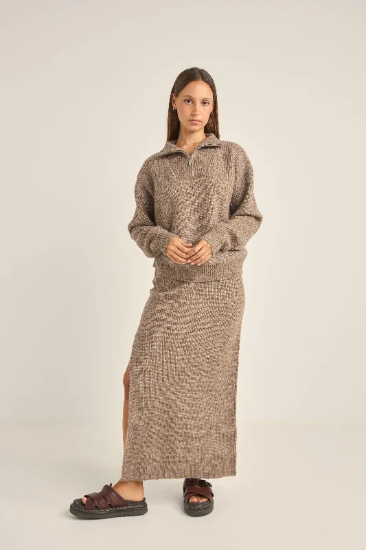 Quinn Knit Midi Skirt Oatmeal slim fit skirt