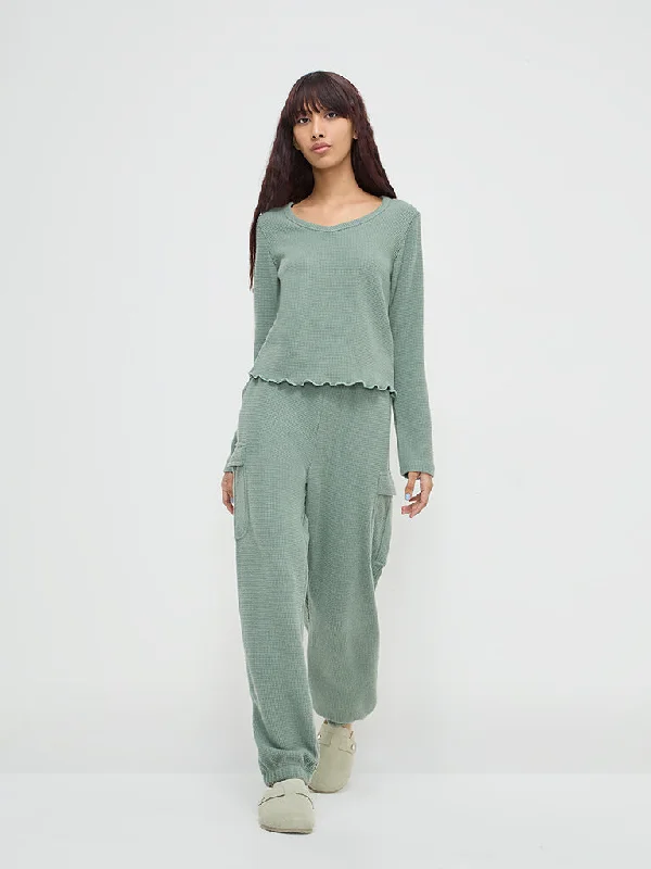 Superstar Green Waffle-Textured High-Rise Pants High-Waist Trousers