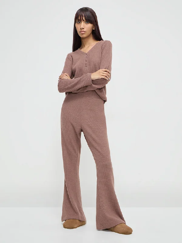 Superstar Brown Waffle-Textured High-Rise Pants Cozy Lounge Pants