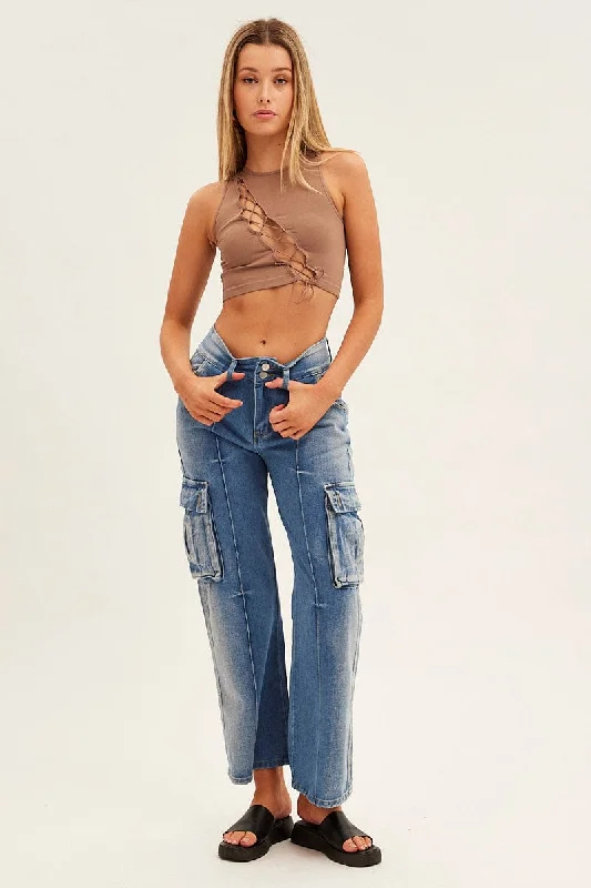 Blue Wide Leg Denim Cargo Pants Fashionable Track Pants