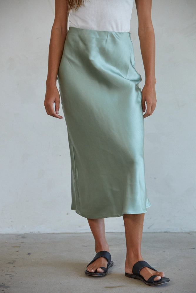 Woven Satin Waist Elastic Band Midi Skirt - Sage lace skirt intricate