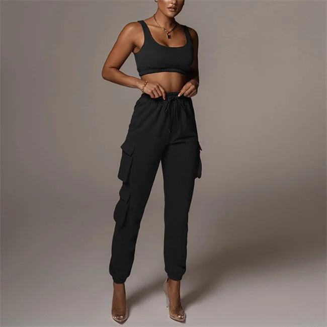 Women Fashion Sport Solid Color Tank Top And Pants Two Pieces Set white tank top