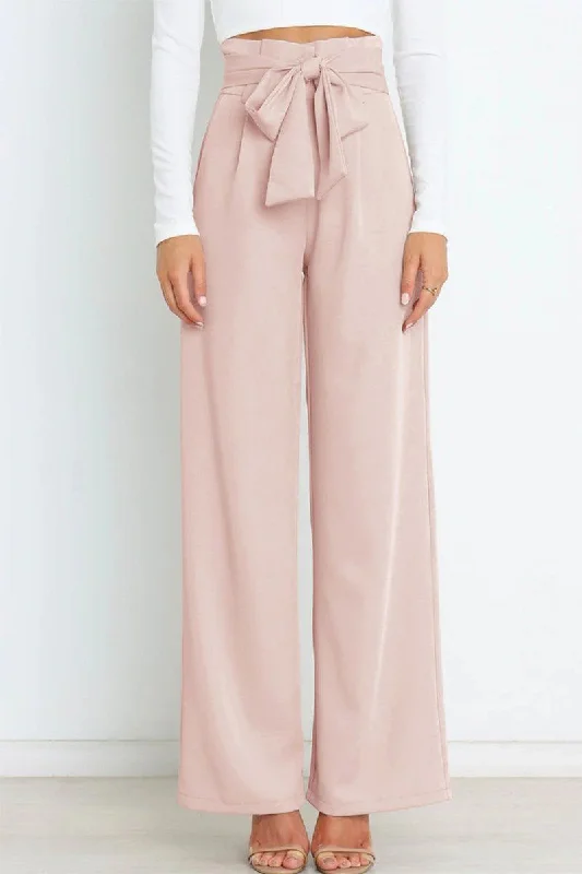 WOMEN TIED WAIST WIDE LEG OFFICE WORK PANTS Relaxed High-Waist Trousers