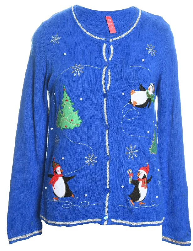 Christmas Tree Design Blue Embroidered Cardigan - S Seamless Knitted Crochet