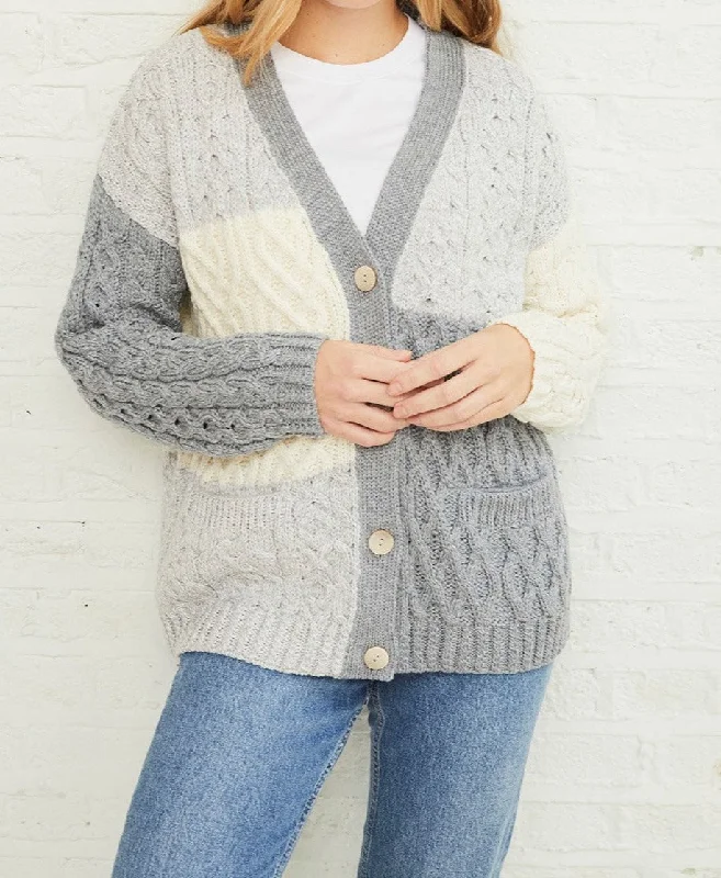 Aran Woollen Mills Merino Supersoft Wool Patchwork Cardigan Embroidered Appliqued Beaded