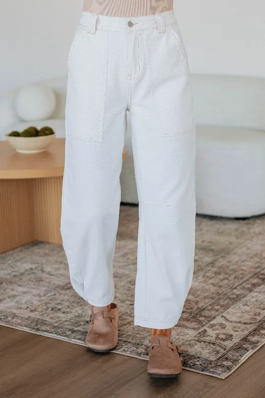 Solano Denim Pants - Ivory High-Waist Trousers