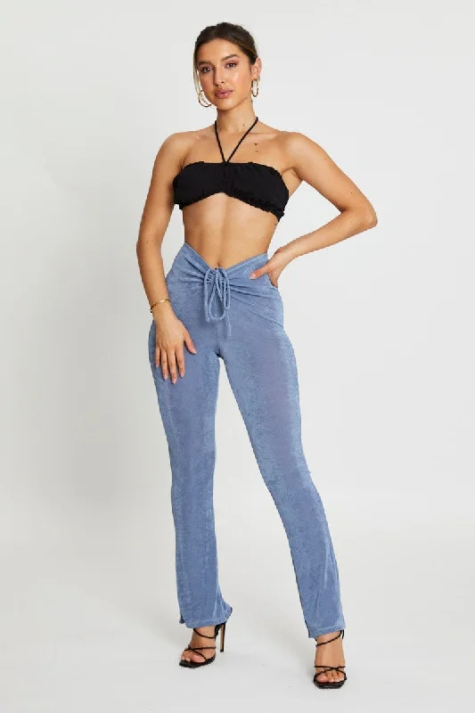 Blue Jersey Pants Flare Leg Comfortable Denim Leggings