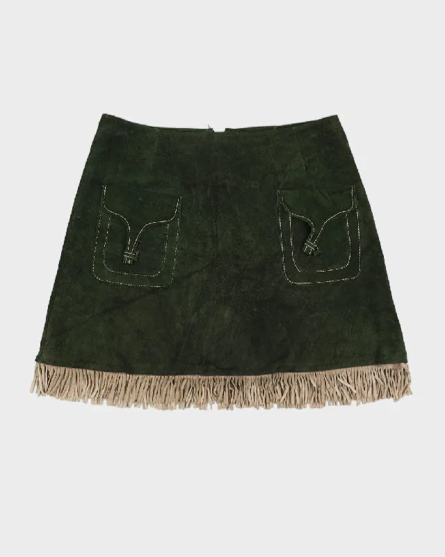 Vintage 1970s Green Suede Fringed Skirt - M linen skirt relaxed