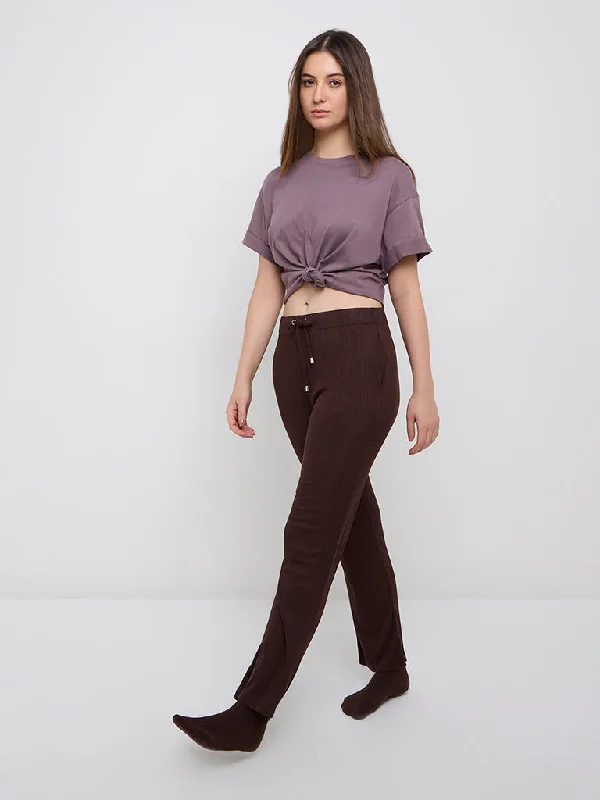 Wunderlove Brown Ribbed High-Rise Lounge Pants Comfortable Cargo Pants