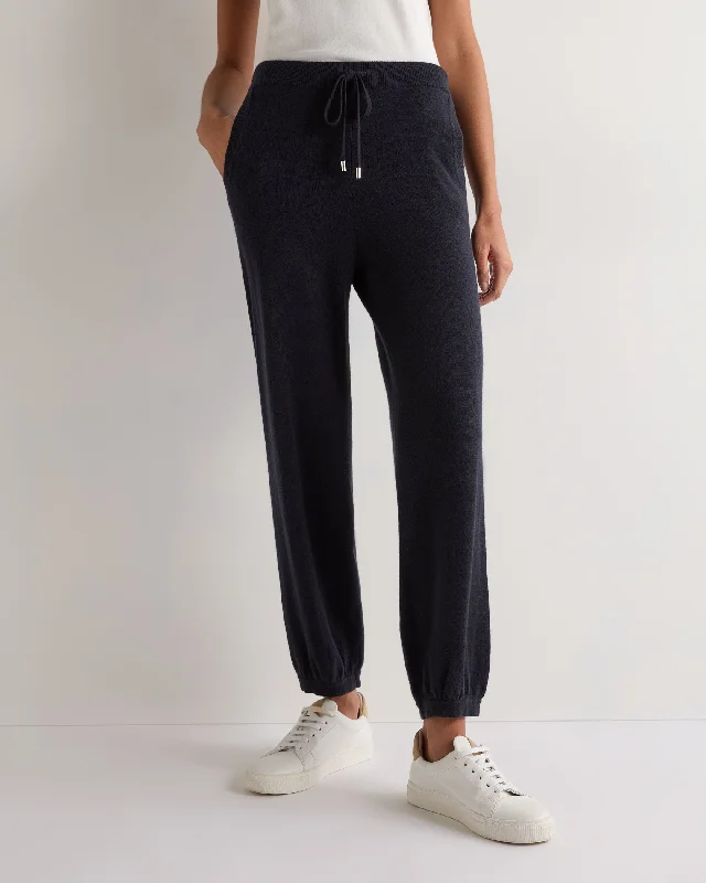 Women's Cashmere Cuffed Lounge Pant Navy Blue Comfortable Wide-Leg Pants