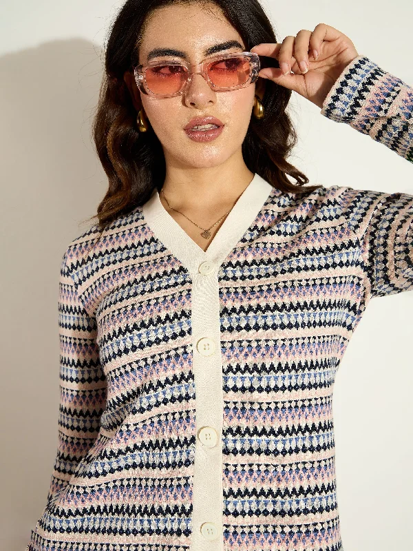 Women White Chevron Stripe Front Button Cardigan Terry Blend Velvet Blend Canvas Blend