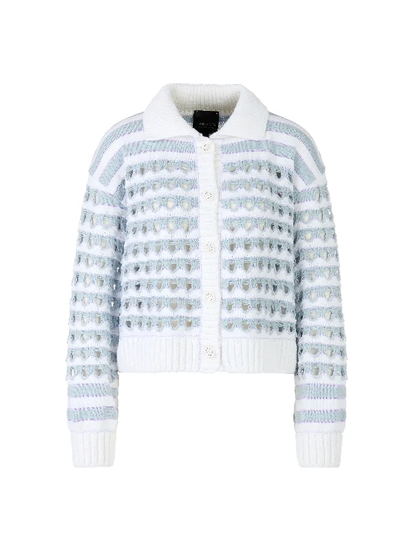 MARC CAIN Blue Striped Cardigan Hooded Caped Shawl Collar
