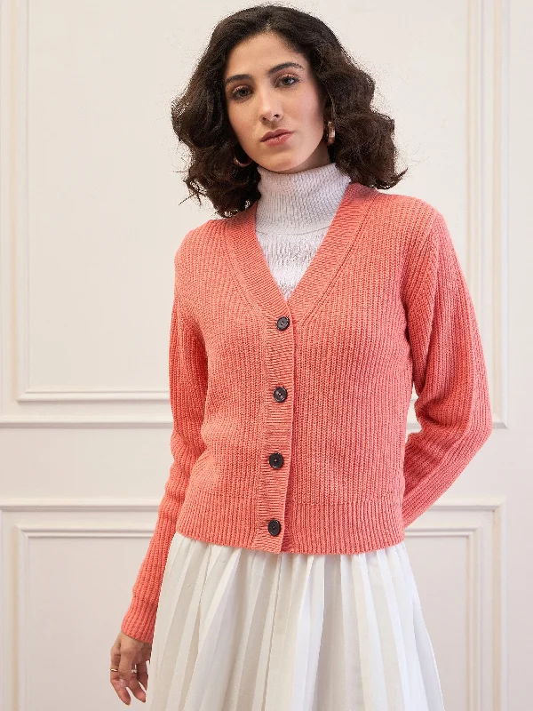 Women Peach Front Button Cardigan Satin Fabric Silk Fabric Chiffon Fabric