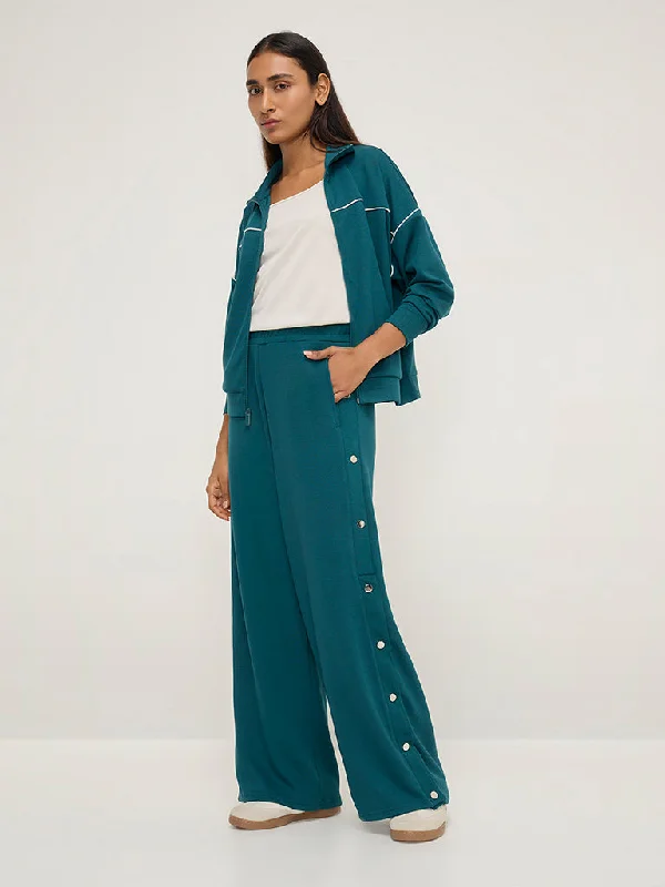 LOV Teal High-Rise Track Pants Fashionable Button-Up Pants