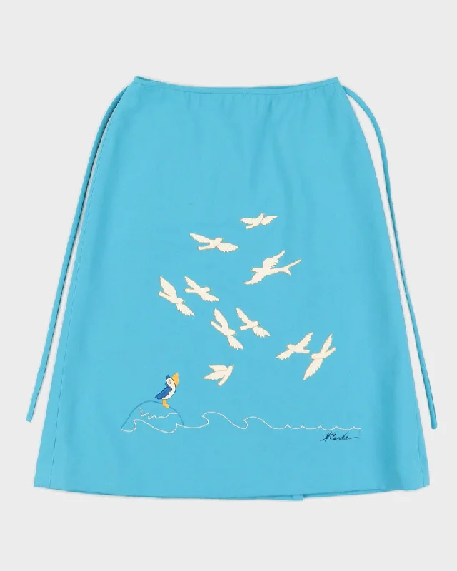 Vintage 1960s Azure Blue Seagull Embroidery Knee Skirt - M cashmere skirt plush