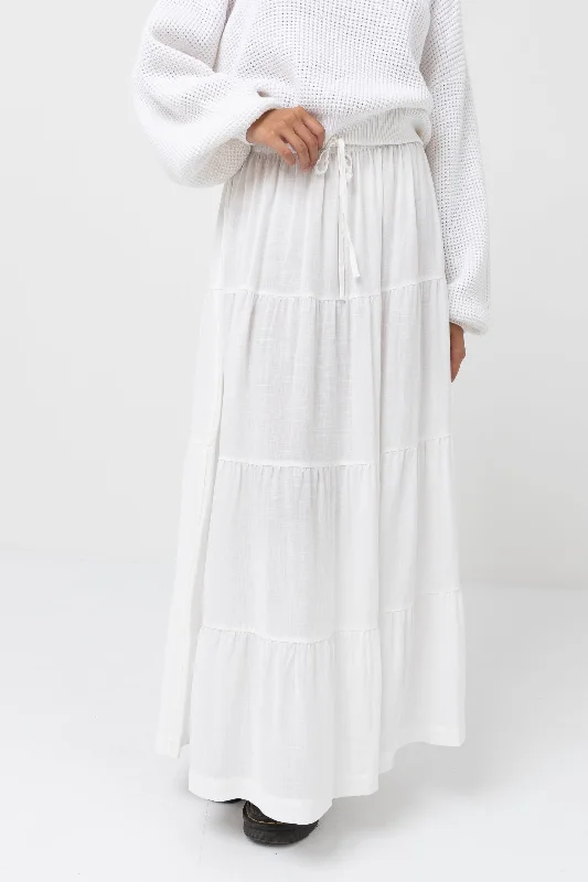 Classic Tiered Maxi Skirt White silk skirt lustrous