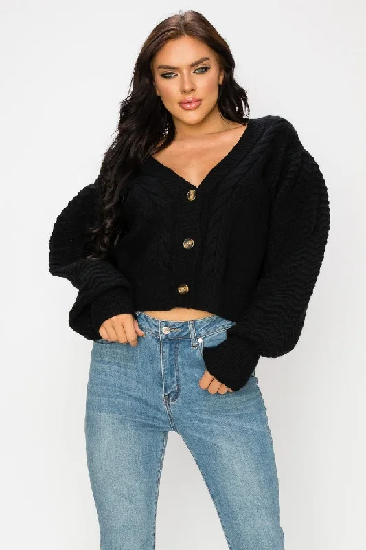 Black Cable Knit Short Cardigan Sweater Bright Pastel Dark