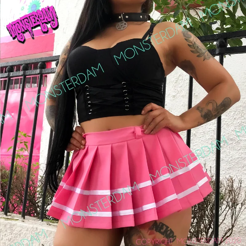 Monsterdam - Pleated Solid PINK w/ white stripe Mini Skirt pleated skirt texture