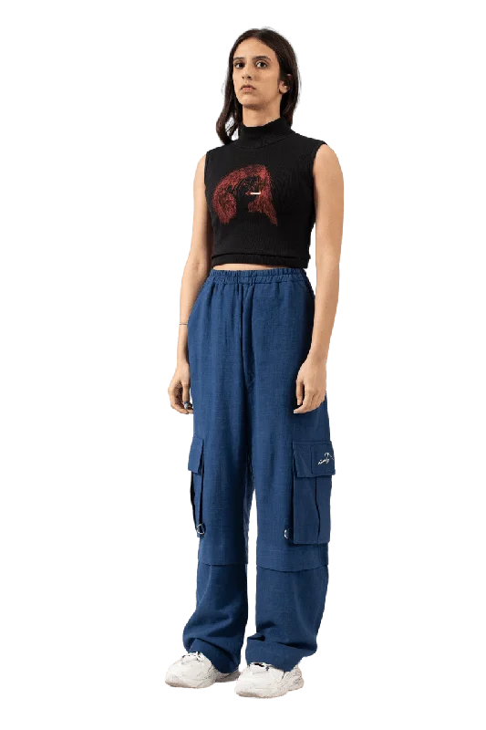 NAVY BLUE HANDWOVEN KHADDAR CARGO PANTS Comfortable Maternity Pants