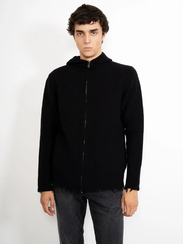 Cardigan in Maglia con Cappuccio Nero Spandex Blend Rayon Blend Denim Blend