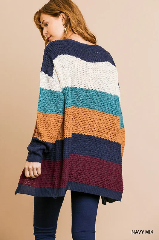 UMGEE Multicolored Striped Long Sleeve Knit Open Front Sweater Cardigan Striped Floral Plaid UMGEE Multicolored Striped Long Sleeve Knit Open Front Sweater Cardigan Striped Floral Plaid