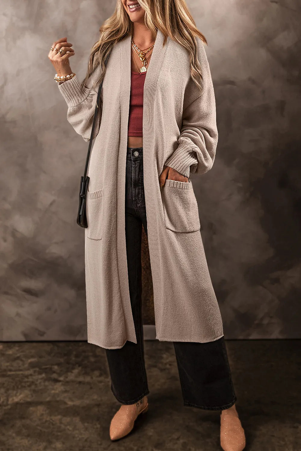 Tiana Pocketed Open Front Long Sleeve Cardigan Toggled Drawstring Belted