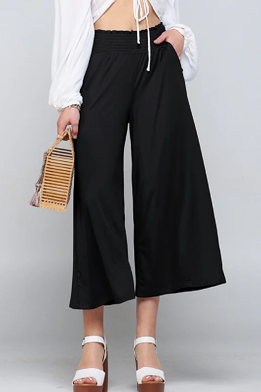 SMOCKED WAIST BEND GAUCHO PANTS Casual Plaid Pants