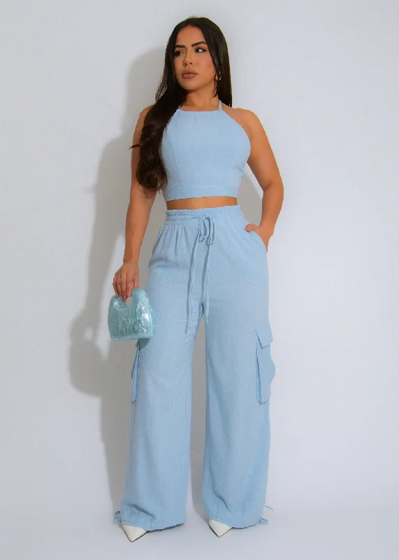 Urban Flair Cargo Linen Pant Set Blue Cozy Jogger Leggings