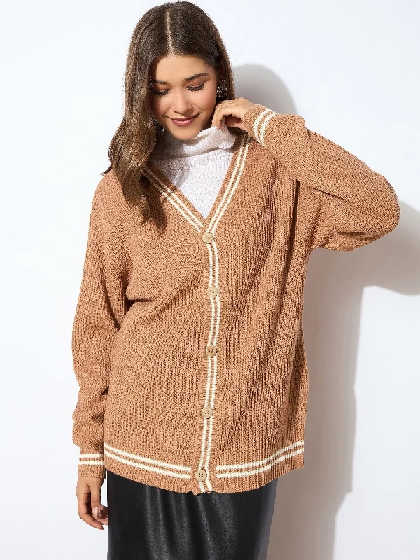 Women Beige Front Button Oversized Cardigan Solid Print Embellished