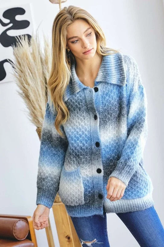Ombre Striped Collared Cardigan -Blue Satin Fabric Silk Fabric Chiffon Fabric
