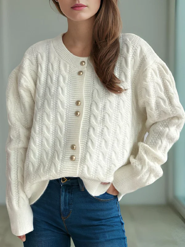Frankie Cable-Knit Round Neck Long Sleeve Cardigan Zippered Buttoned Snapped
