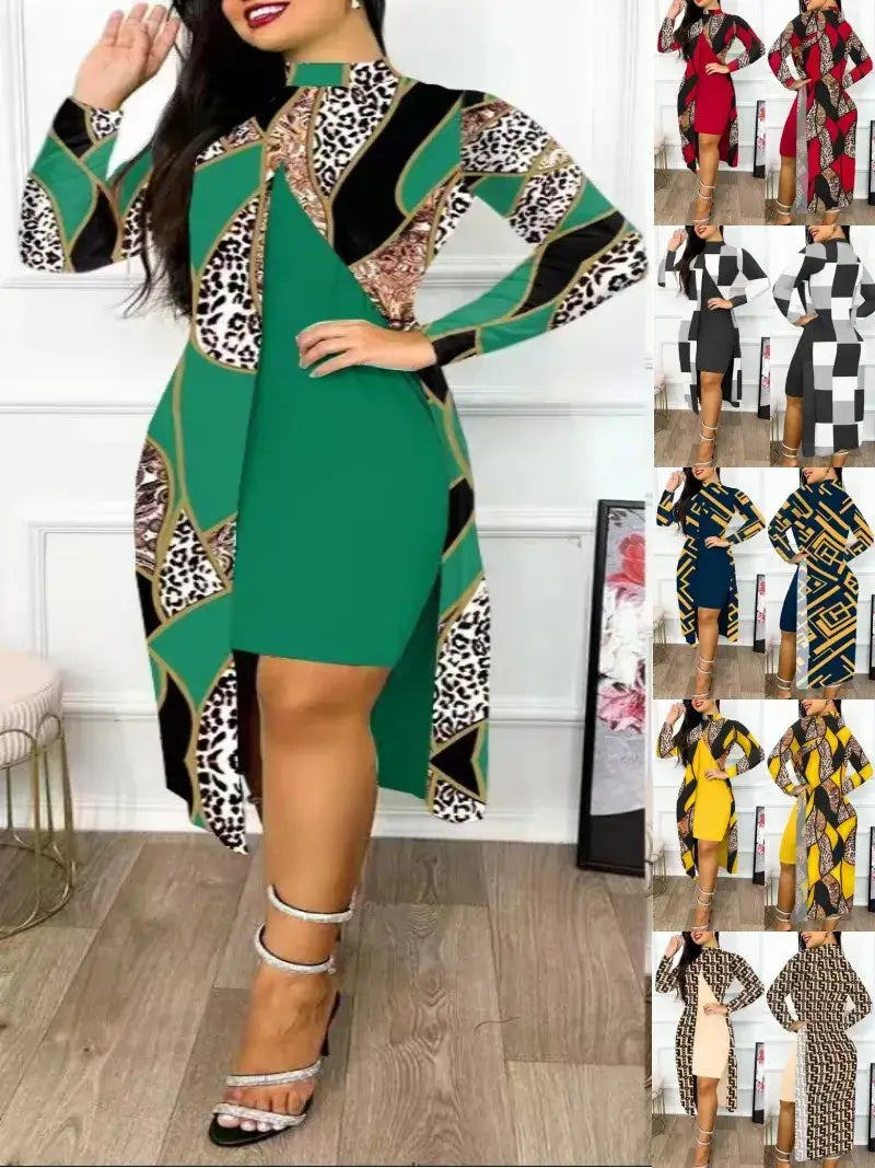 Print Dresses Sets Full Sleeve Half High Collar Split Cardigan Dress Suits Elegant A Line Office Lady-Two Piece Set Stretchy Elastic Breathable