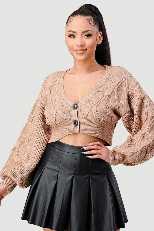 Taupe Cable Knit Cropped Cardigan Sweater Mesh Cardigan Canvas Denim